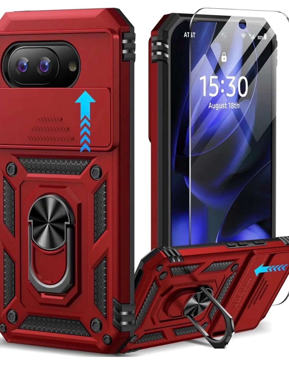 Google Pixal 9A Red Heavy-Duty Sliding Camera Case with Ring Kickstand